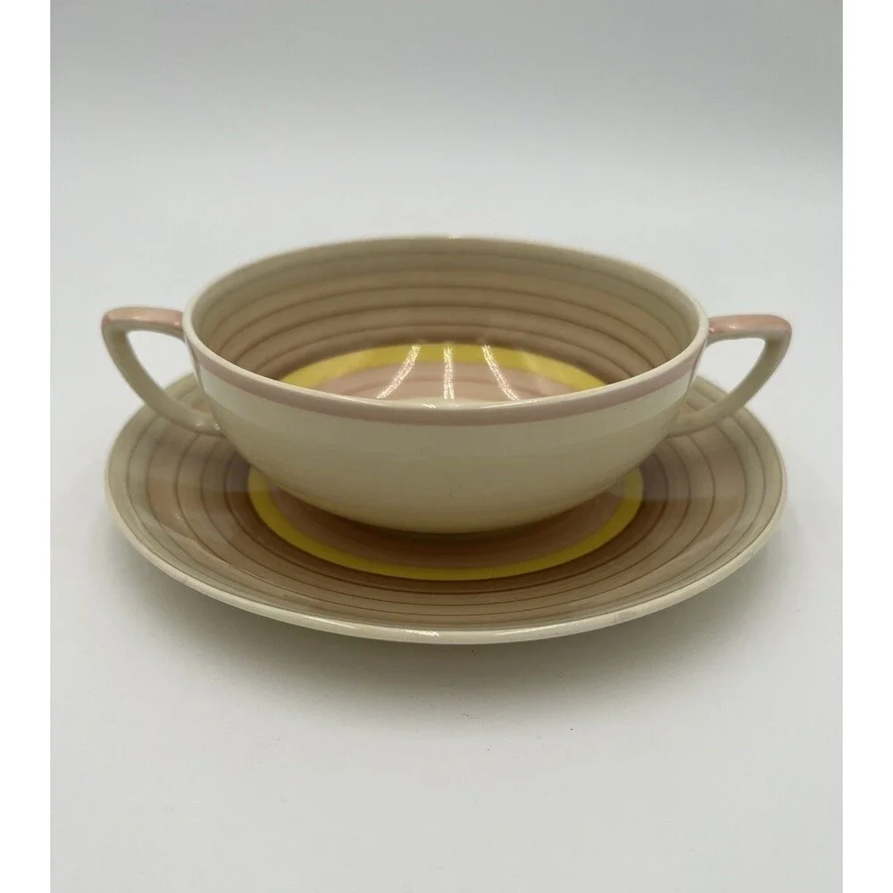 Vintage Susie Cooper Crown Works Cream Soup Bowls & Saucers Wedding Band